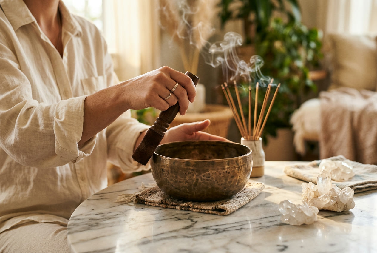 以木槌敲響頌缽，桌上擺著白水晶